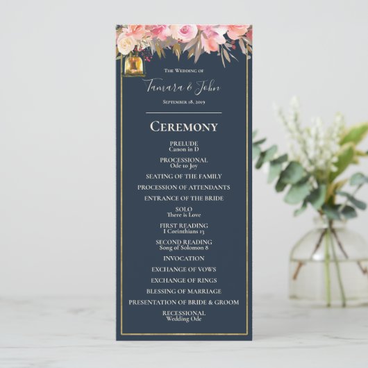 Elegant Navy Blue Coral Lights Wedding Programme Kaart (Staand voorkant)