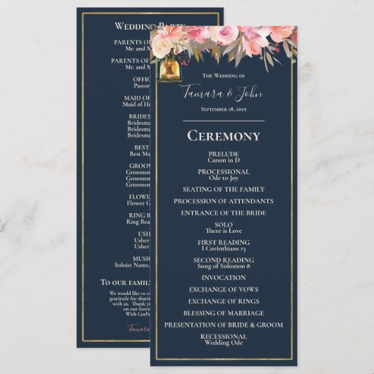 Elegant Navy Blue Coral Lights Wedding Programme Kaart (Voorkant / Achterkant)