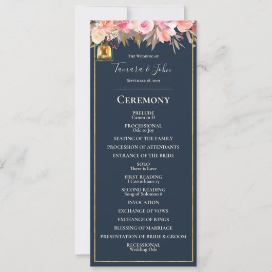Elegant Navy Blue Coral Lights Wedding Programme Kaart (Voorkant)