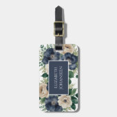 Elegant Navy Blue & Cream Bloemen Waterverf Reizen Bagagelabel (Voorkant verticaal)