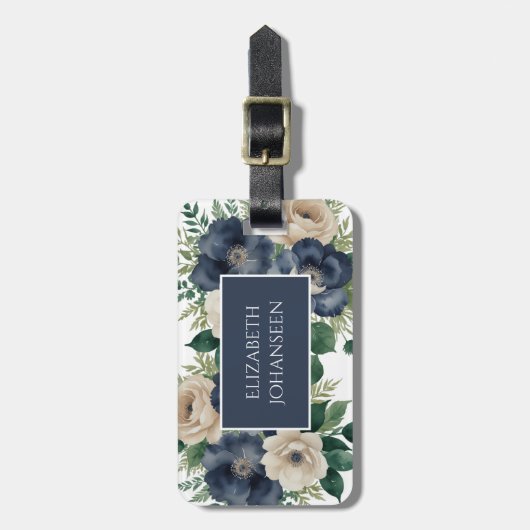 Elegant Navy Blue & Cream Bloemen Waterverf Reizen Bagagelabel (Voorkant verticaal)