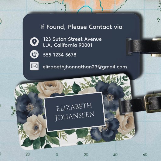 Elegant Navy Blue & Cream Bloemen Waterverf Reizen Bagagelabel
