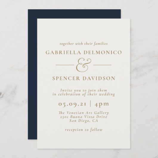 Elegant Navy Blue Cream Wedding Invitation Kaart (Voorkant / Achterkant)