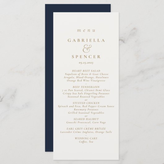 Elegant Navy Blue Cream Wedding Menu (Voorkant / Achterkant)