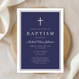 Elegant Navy Blue Cross Baby Boy Baptism Kaart