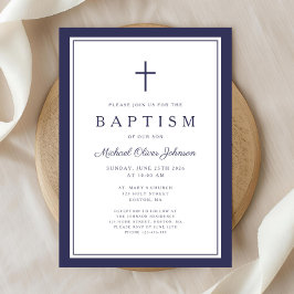 Elegant Navy Blue Cross Boy Baptism Kaart