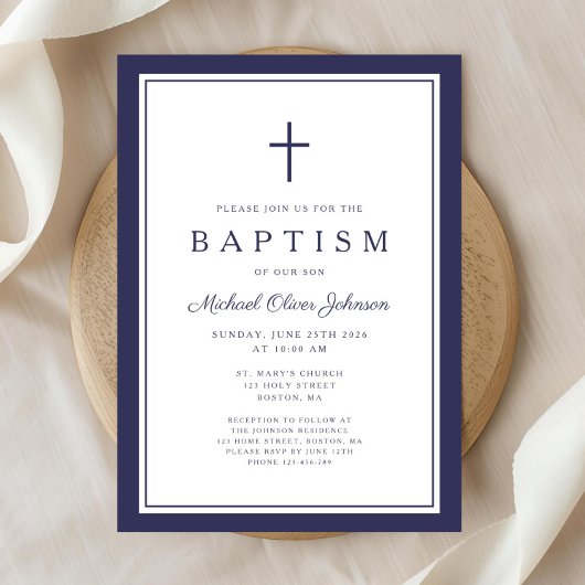 Elegant Navy Blue Cross Boy Baptism Kaart