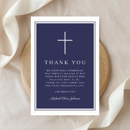 Elegant Navy Blue Cross Boy First Communion Bedankkaart