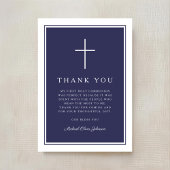 Elegant Navy Blue Cross Boy First Communion Bedankkaart