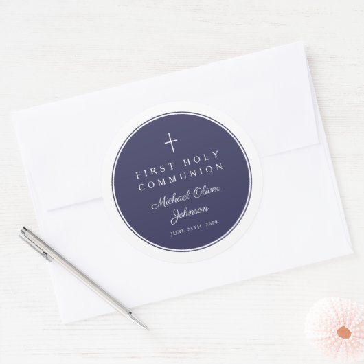 Elegant Navy Blue Cross Boy First Communion  Ronde Sticker (Envelop)