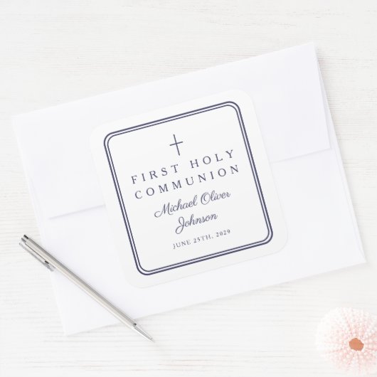 Elegant Navy Blue Cross Boy First Communion  Vierkante Sticker (Envelop)
