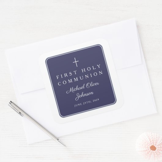 Elegant Navy Blue Cross Boy First Communion  Vierkante Sticker (Envelop)