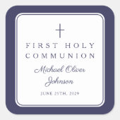 Elegant Navy Blue Cross Boy First Communion  Vierkante Sticker (Voorkant)