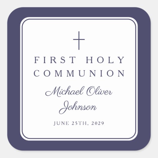 Elegant Navy Blue Cross Boy First Communion Vierkante Sticker (Voorkant)