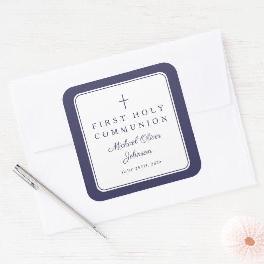 Elegant Navy Blue Cross Boy First Communion  Vierkante Sticker (Envelop)