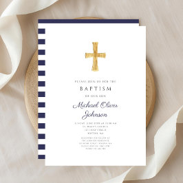 Elegant Navy Blue Cross Religious Boy Baptisme Kaart