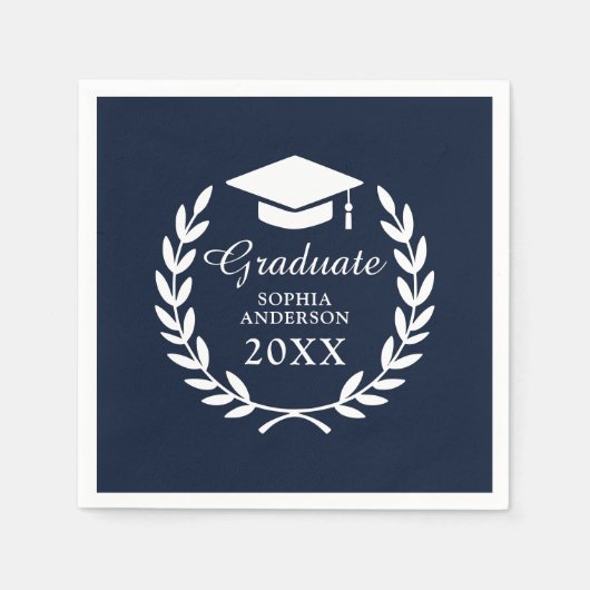 Elegant Navy Blue Custom Name Afstuderen Embleem Servet (Voorkant)