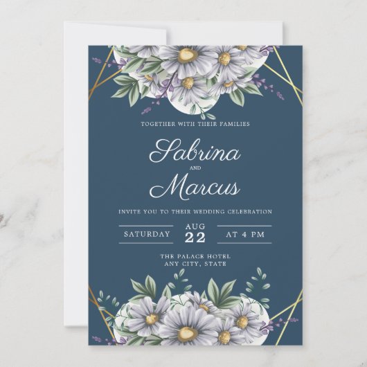 Elegant Navy Blue Daisy Floral Geometrische bruilo Kaart (Voorkant)