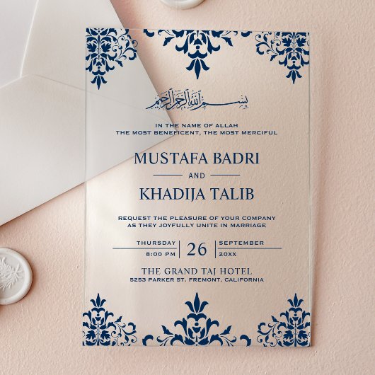 Elegant Navy Blue Damask Islamic Wedding Acryl Uitnodigingen