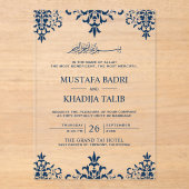 Elegant Navy Blue Damask Islamic Wedding Acryl Uitnodigingen (Voorkant)