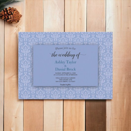 Elegant Navy Blue Damask Script bruiloft Kaart
