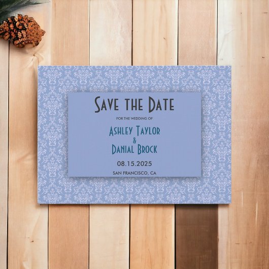Elegant Navy Blue Damask Script  bruiloft Save The Date