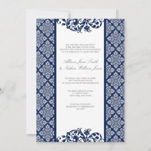 Elegant Navy Blue Damask Wedding Invitation Kaart (Voorkant)