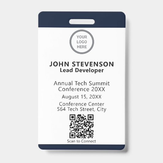 Elegant Navy Blue Employee ID Custom Logo OCR Badge (Voorkant)