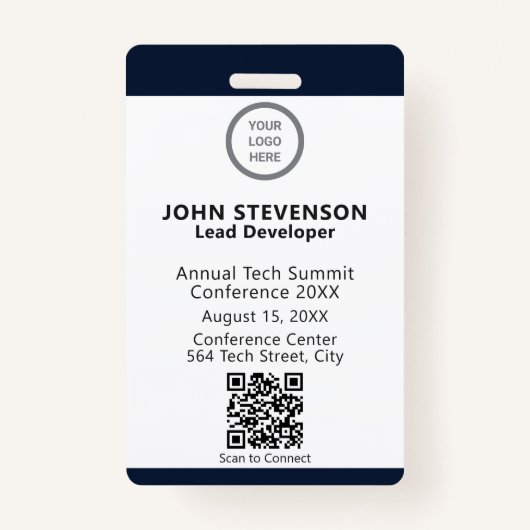 Elegant Navy Blue Employee ID Custom Logo OCR Badge (Voorkant)