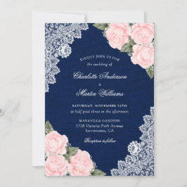 Elegant Navy Blue en Blush Burlap Floral Wedding Kaart