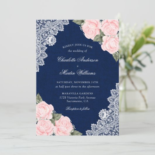 Elegant Navy Blue en Blush Burlap Floral Wedding Kaart (Staand voorkant)