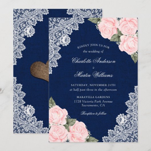 Elegant Navy Blue en Blush Burlap Floral Wedding Kaart (Voorkant / Achterkant)