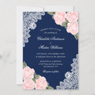 Elegant Navy Blue en Blush Burlap Floral Wedding Kaart