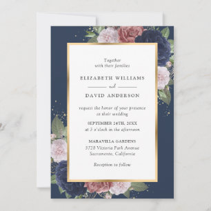 Elegant Navy Blue en Blush Floral Wedding Kaart