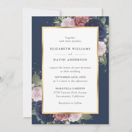 Elegant Navy Blue en Blush Floral Wedding Kaart (Voorkant)