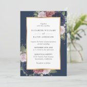 Elegant Navy Blue en Blush Floral Wedding Kaart (Staand voorkant)