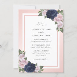 Elegant Navy Blue en Blush Floral Wedding Kaart