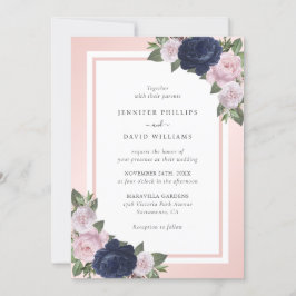 Elegant Navy Blue en Blush Floral Wedding Kaart