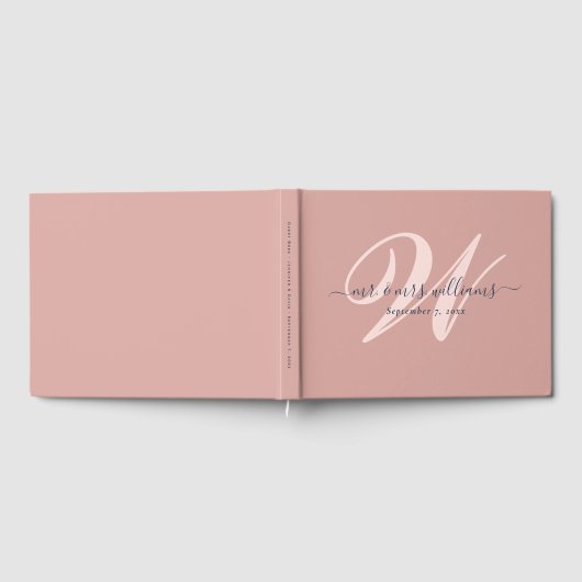 Elegant Navy Blue en Blush Monogram Wedding Gastenboek (Volledig)