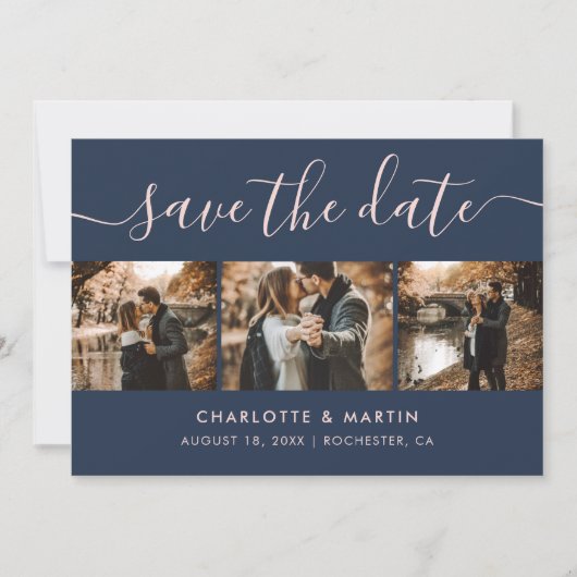 Elegant Navy Blue en Blush Photo Collage Save The Date (Voorkant)