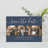 Elegant Navy Blue en Blush Photo Collage Save The Date (Staand voorkant)
