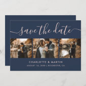 Elegant Navy Blue en Blush Photo Collage Save The Date (Voorkant / Achterkant)