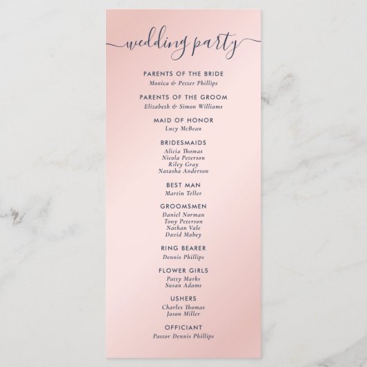 Elegant Navy Blue en Blush Wedding Programmakaart (Achterkant)