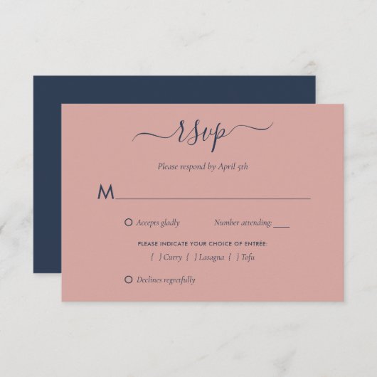Elegant Navy Blue en Blush Wedding RSVP-kaarten RSVP Kaartje (Voorkant / Achterkant)