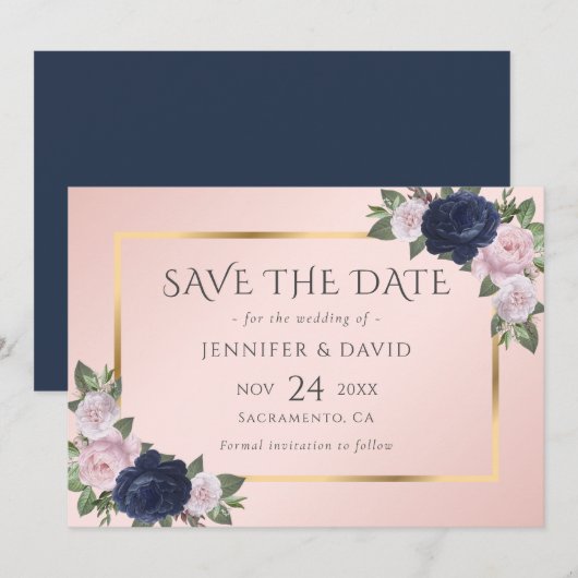 Elegant Navy Blue en Blush Wedding Save the Date (Voorkant / Achterkant)