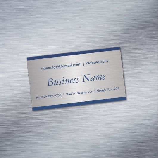 Elegant Navy Blue en Brush Silver Steel Visitekaartje Magneet (Voorbeeld)