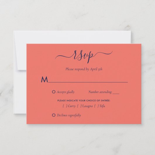 Elegant Navy Blue en Coral Wedding RSVP Kaart Meal (Voorkant)