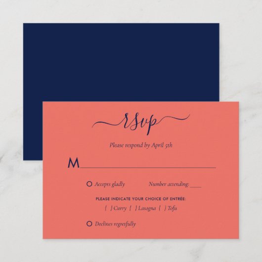 Elegant Navy Blue en Coral Wedding RSVP Kaart Meal (Voorkant / Achterkant)