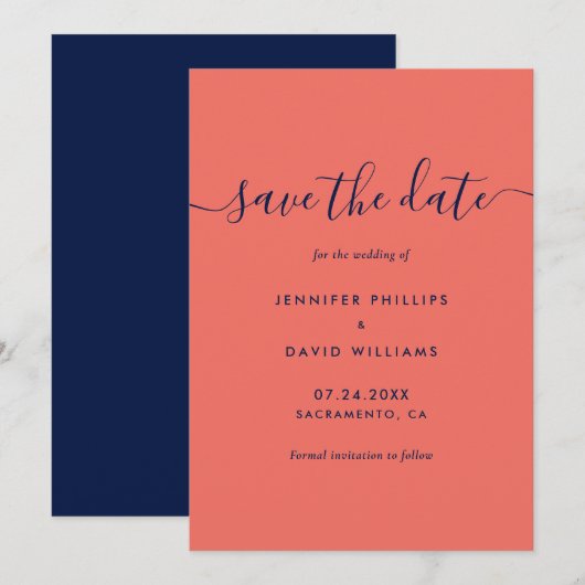 Elegant Navy Blue en Coral Wedding Save The Date (Voorkant / Achterkant)
