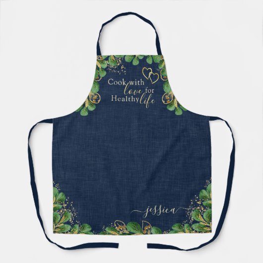 Elegant Navy Blue en Eucalyptus Greenery Kitchen Schort (Voorkant)